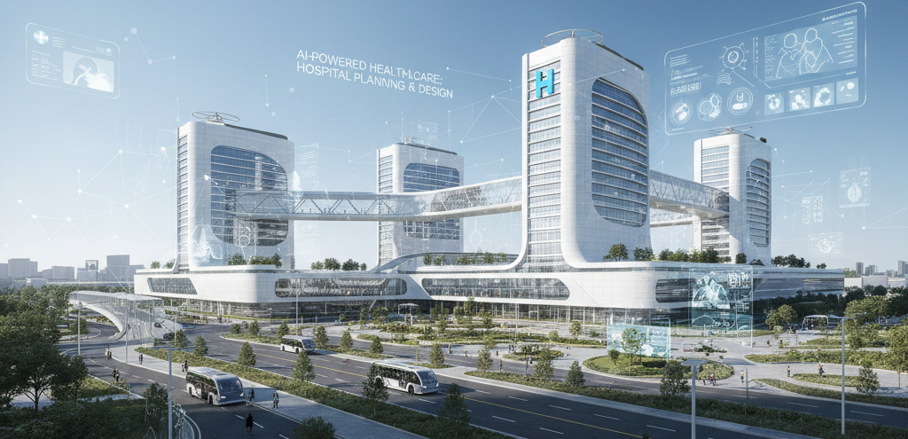 Large hospital campus with clinical departments, patient flow infrastructure, and specialist medical facilities